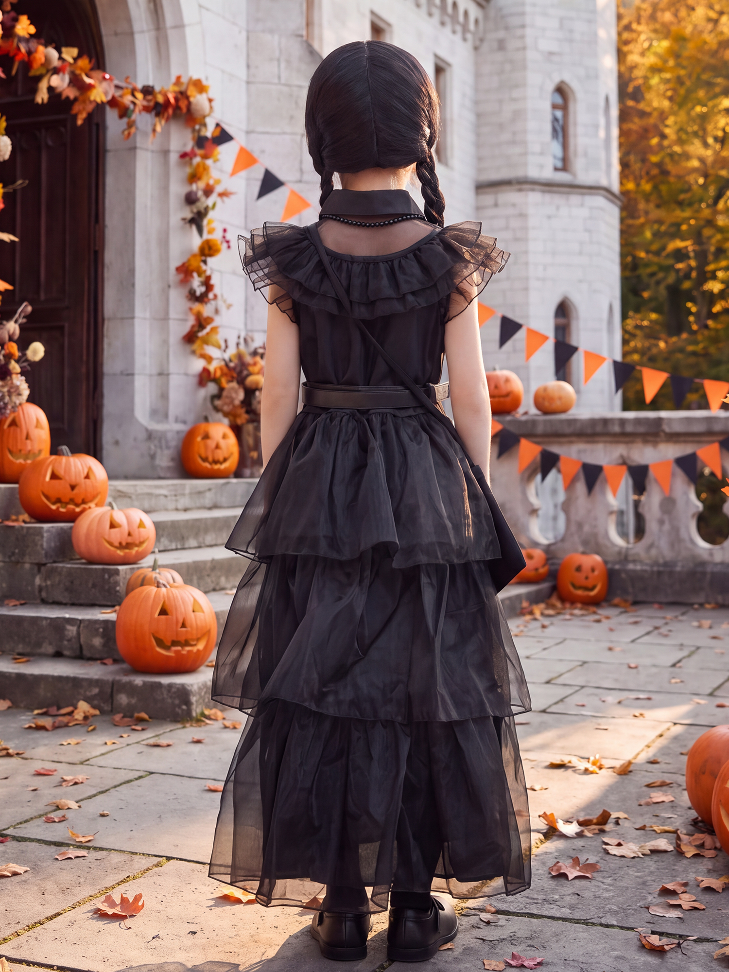 IKALI Girls Halloween Costume Fancy Dress with Wig, Black, 10-12 Yrs photo 3