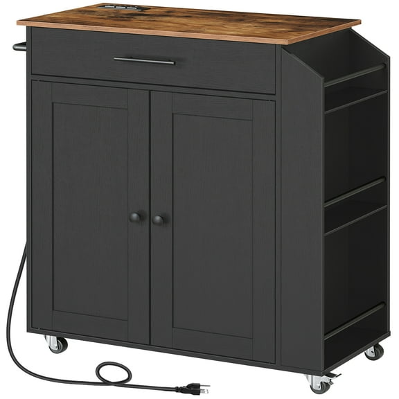 HOOBRO Kitchen Island with Power Outlet, Storage Island with Spice Rack and Drawer, Rolling Kitchen Cart on Wheels, for Home, Dining Room, Rustic Brown and Black BF82UZD01G1