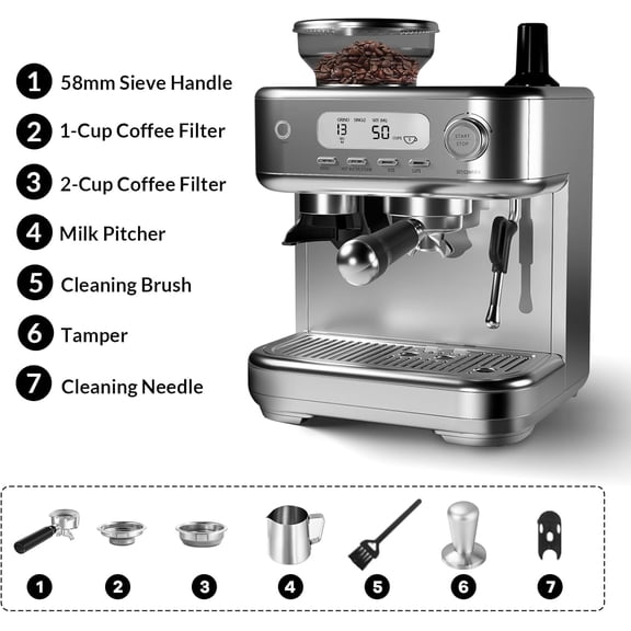 Luku 15 Bar Espresso Machine, LCD Display Coffee Maker with Grinder, Milk Frother & PID Temp Control, 8.8oz Hopper