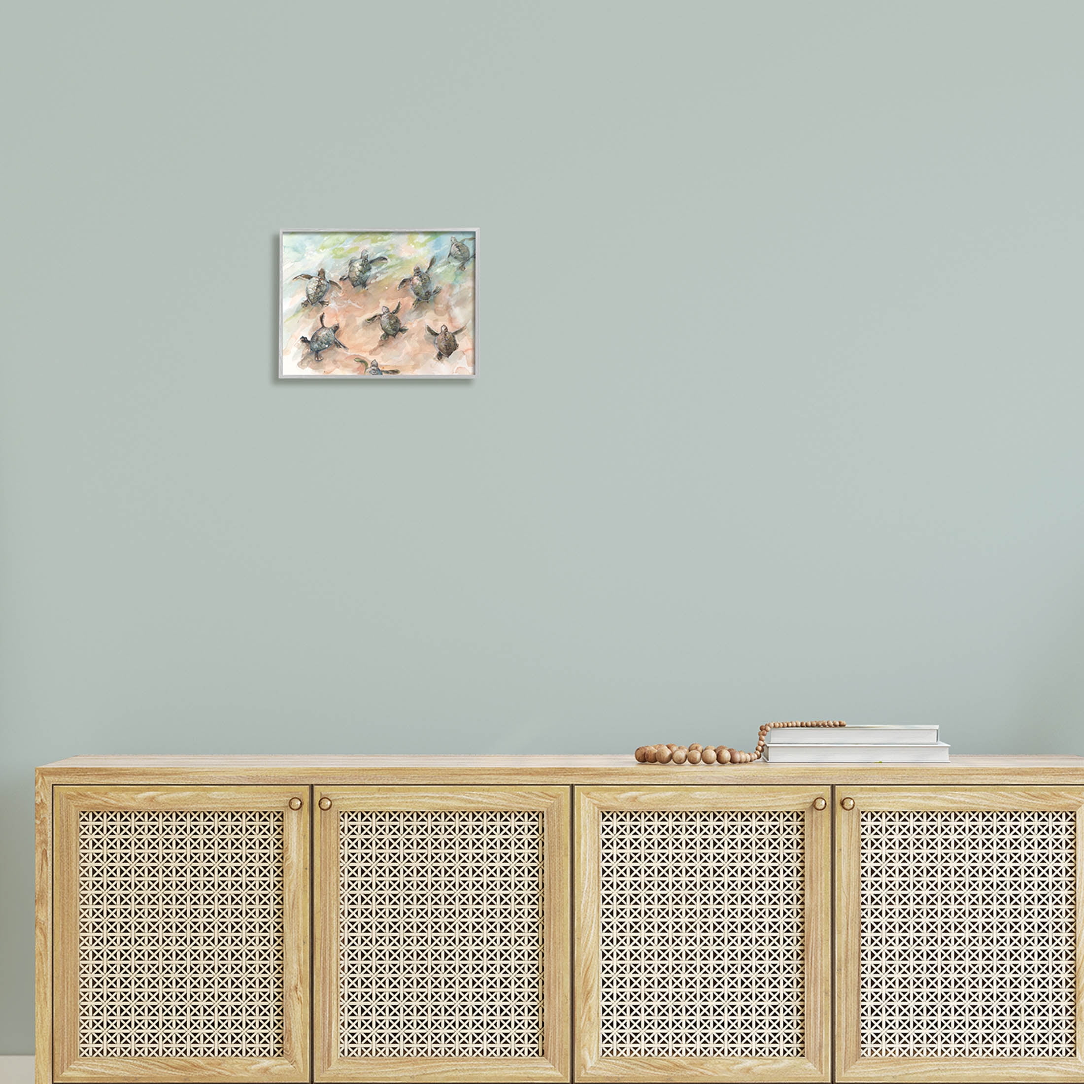 Baby Sea Turtles Swimming Shore Animals & Insects Painting Gray Framed Art Print Wall Art