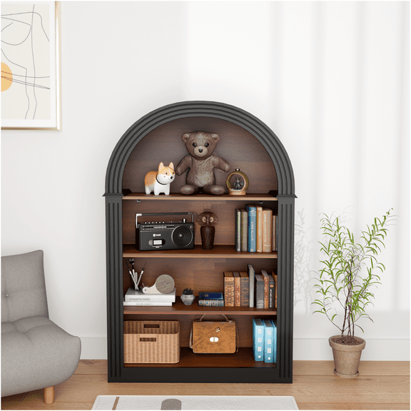 JERFIT 4 Shelf Tall Bookcase with Arched Design, Open Display Storage Organizer Shelf for Living Room, Bedroom, Home Office in Black