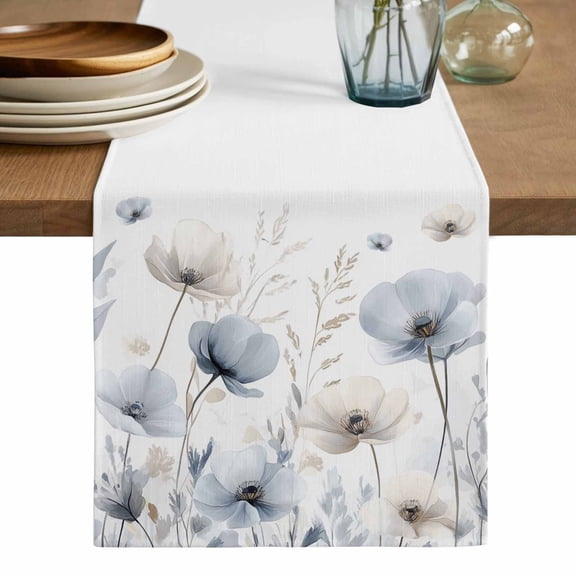 Blue Beige Spring Floral Table Runner, Summer Botanical Watercolor Washable Cotton Linen Table Runners 36 Inches Long, Dresser Scarf Runner for Nightstand/End Tables/Round Tables 13''x36''