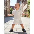 thumbnail image 5 of BemeyourBBs Toddler Baby Boys Summer Clothes Infant Baby Boys 2 Piece Summer Outfit Solid Color Eyelet Lapel Short Sleeve Button Down Shirt Top and Shorts 2Pcs Set, 5 of 9