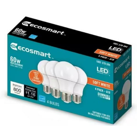 Ecosmart 60-Watt Equivalent 800 Lumens A19 Dimmable Energy Star LED Light Bulb E26 Base Soft White (4-Pack)