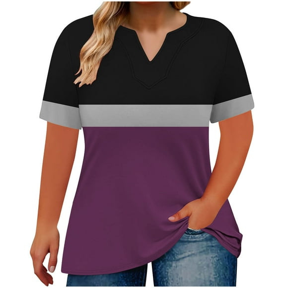 Virmaxy Women's Curve-Friendly V-Neck Tunic Breathable Cotton Blend Loose Fit Top for Summer Travel Casual Fridays Purple-2 L