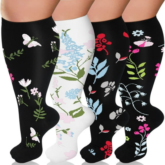 4 Pairs Wide Calf Compression Socks for Women Men Circulation  Plus Size Knee High Support Stockings for Circulation , Nurses , Running ,4XL