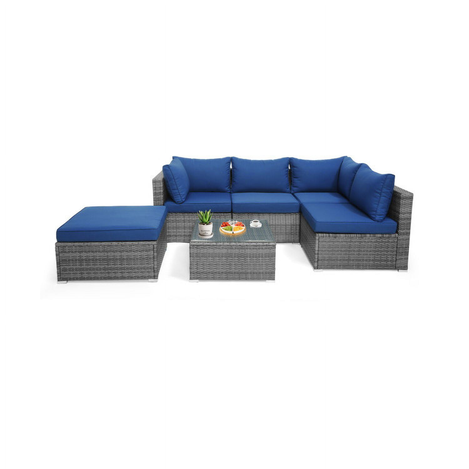 Aimee Lii 6 Pieces Outdoor Rattan Sofa Set with Seat and Back Cushions, Outdoor Patio Set, Navy