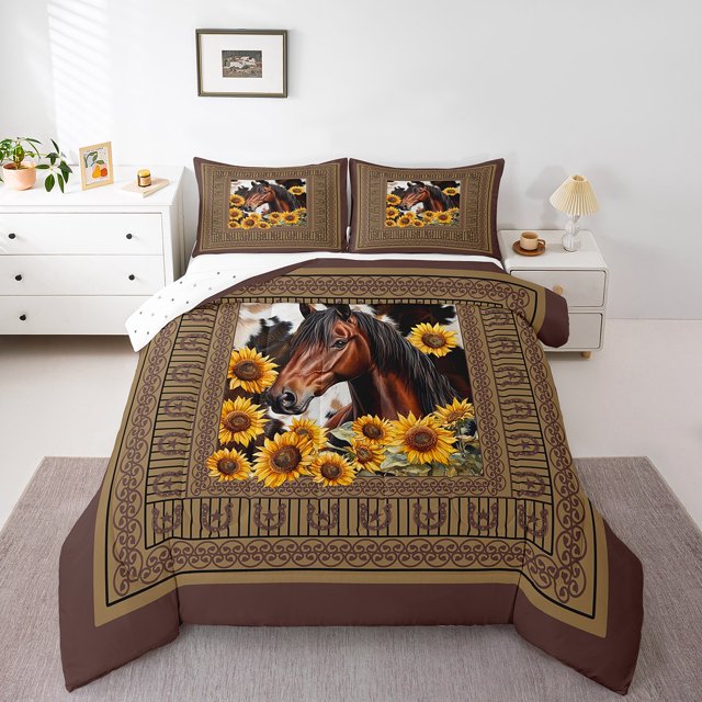 Erosebridal Ensemble de Couette Très Grand Brun à Motif de Cheval, Couette Chic à Tournesols, Décor de Ferme avec Fers à Cheval, Réversible 3 Pcs
