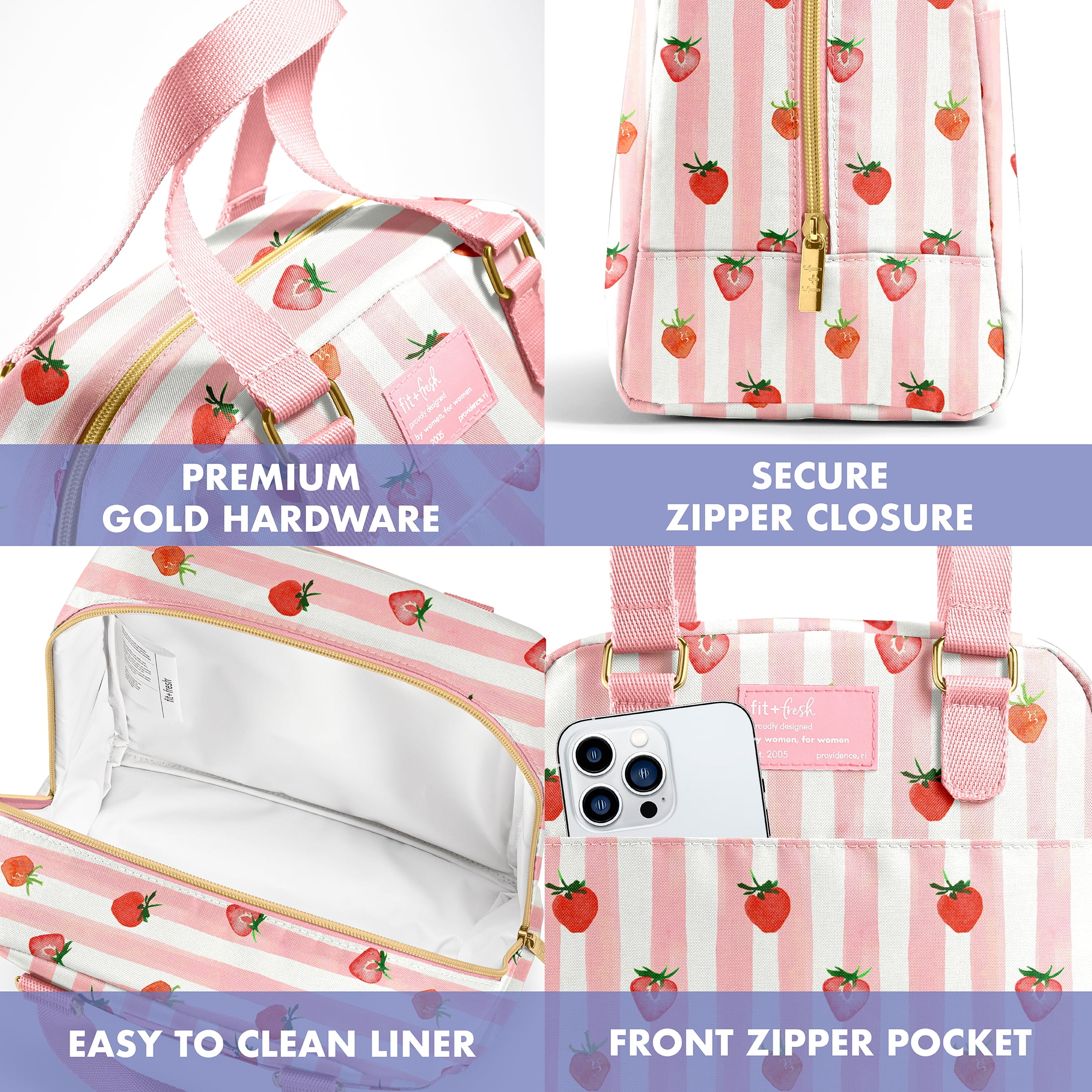 Fit & Fresh Minneola Lunch Bag for Women, Cute Pink Strawberry Stripe