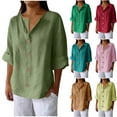 thumbnail image 1 of Tops de verano para mujer,Blusa de mujer con escote en V, manga 3/4, aspecto de lino, corte holgado, botones, poliéster, ropa informal, sopatenor, 1 of 9