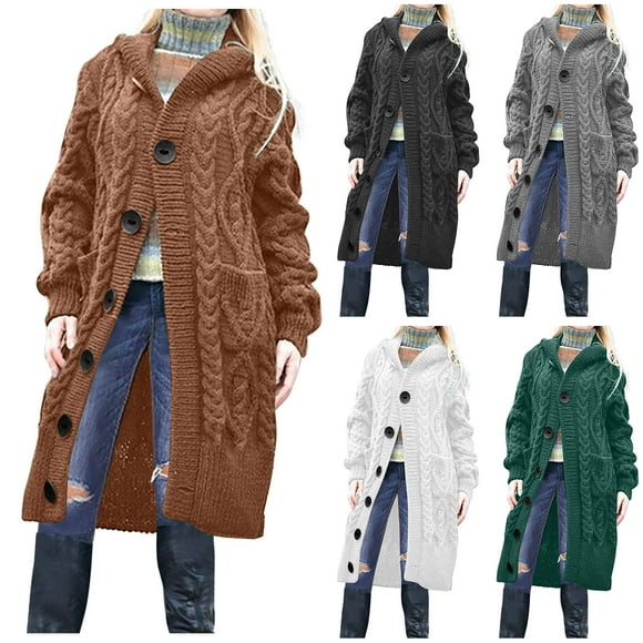 CFLVAEK Womens Long Sweaters Cardigans the Knee Plus Size Butt Down Cable Knit Cardigan Sweater with Pockets Fall Winter Warm Long Sleeve Sweater Coat Khaki XXL