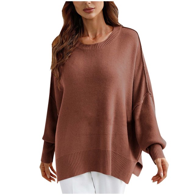 PEONAVET Chandail à Col Rond pour Femmes Mode Féminine Décontractée Ample Grande Taille Manches Longues Chandail Tricoté Chandail à Col Rond