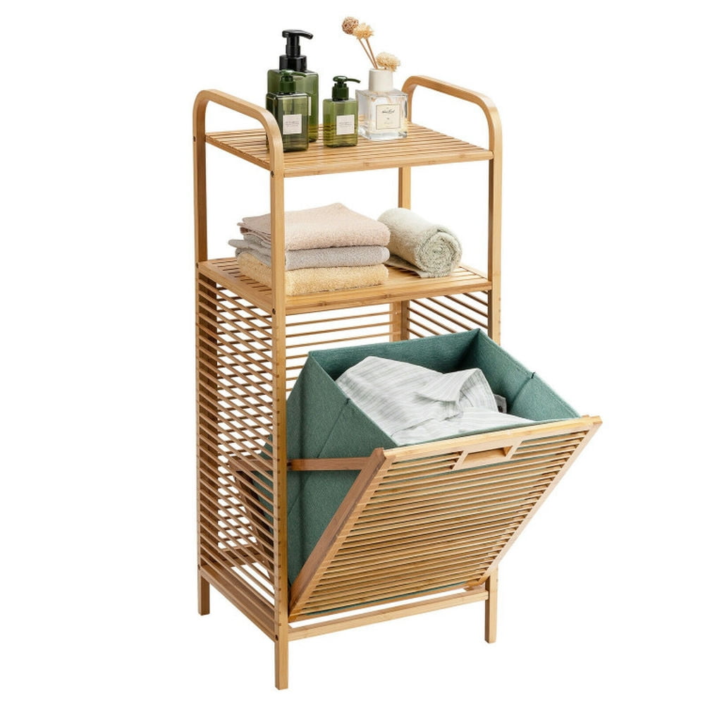 Finihen Laundry Hamper, Laundry Basket, Tilt-out Bamboo Laundry Hamper with 2-Tier Shelf and Removable Liner, for Bathroom, laundry Room, Natural Finihen Laundry Hamper, Laundry Basket, Tilt-out Bamboo Laundry Hamper with 2-Tier Shelf and Removable Liner, for Bathroom, laundry Room, Natural