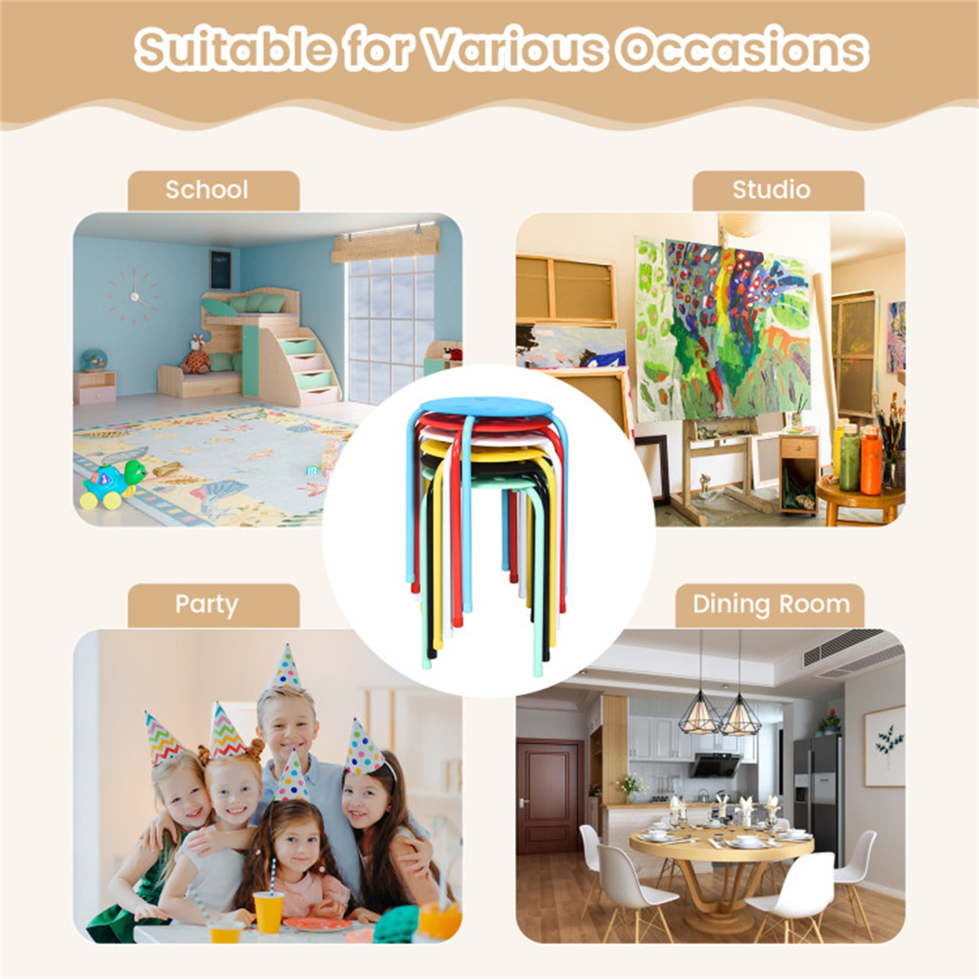 Demi Bonn Set of 6 Portable Plastic Stack Stools, Dining Chairs with Stackable Space Saving Design, Multicolor