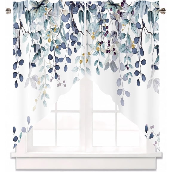 Dark Blue Eucalyptus Swag Curtain Valance for Windows,Watercolor Leaves Window Treatments Short Topper Kitchen Windows Bathroom Bedroom,28 x 36 Inch, 1 Pair