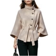 thumbnail image 2 of Miqool Women's Tweed Stand Collar Jacket Button Down Tie Waist Flare Long Sleeve Coat Trendy Casual Office Trench Coat, 2 of 8