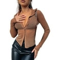 thumbnail image 4 of Women Long Sleeve Crop Top Turn-Down Collar Long Sleeve Tops See-Through Blouse Y2k Streetwear, 4 of 7