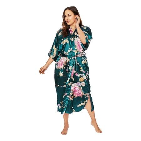 

KIM+ONO Plus Size Long Kimonos Satin Robe for Women Womens Kimono Robes Plus Size Japanese Robe- Floral - Chrysanthemum & Crane - Peacock