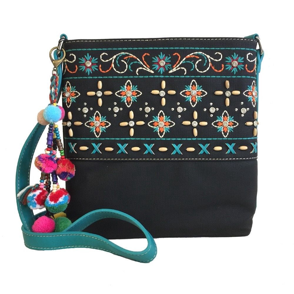 Montana West Ladies Purse Crossbody Bag Floral Embroidery Pompom Charm ...