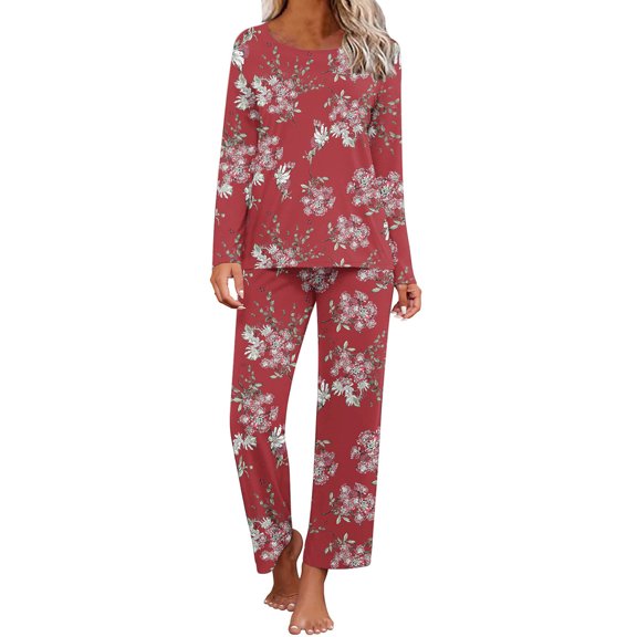 Lilgiuy Women's Printing Round Neck Short Sleeve Sleepshirt and Pants Sets Loungewear Pajamas With Pockets for Postpartum