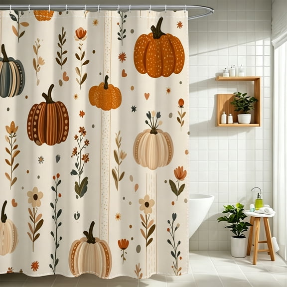 Neutral Fall Pumpkin Botanical Leaf Shower Curtain, Farmhouse Thanksgiving Christmas Harvest Season Bathroom Decor