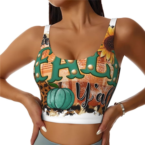 Fotbe Happy Fall Y'All Sujetador Deportivo Largo sin Aros para Mujer con Almohadillas y Soporte Medio, Transpirable y Absorbente, Camiseta Tipo Chaleco o Tank Top-Medium