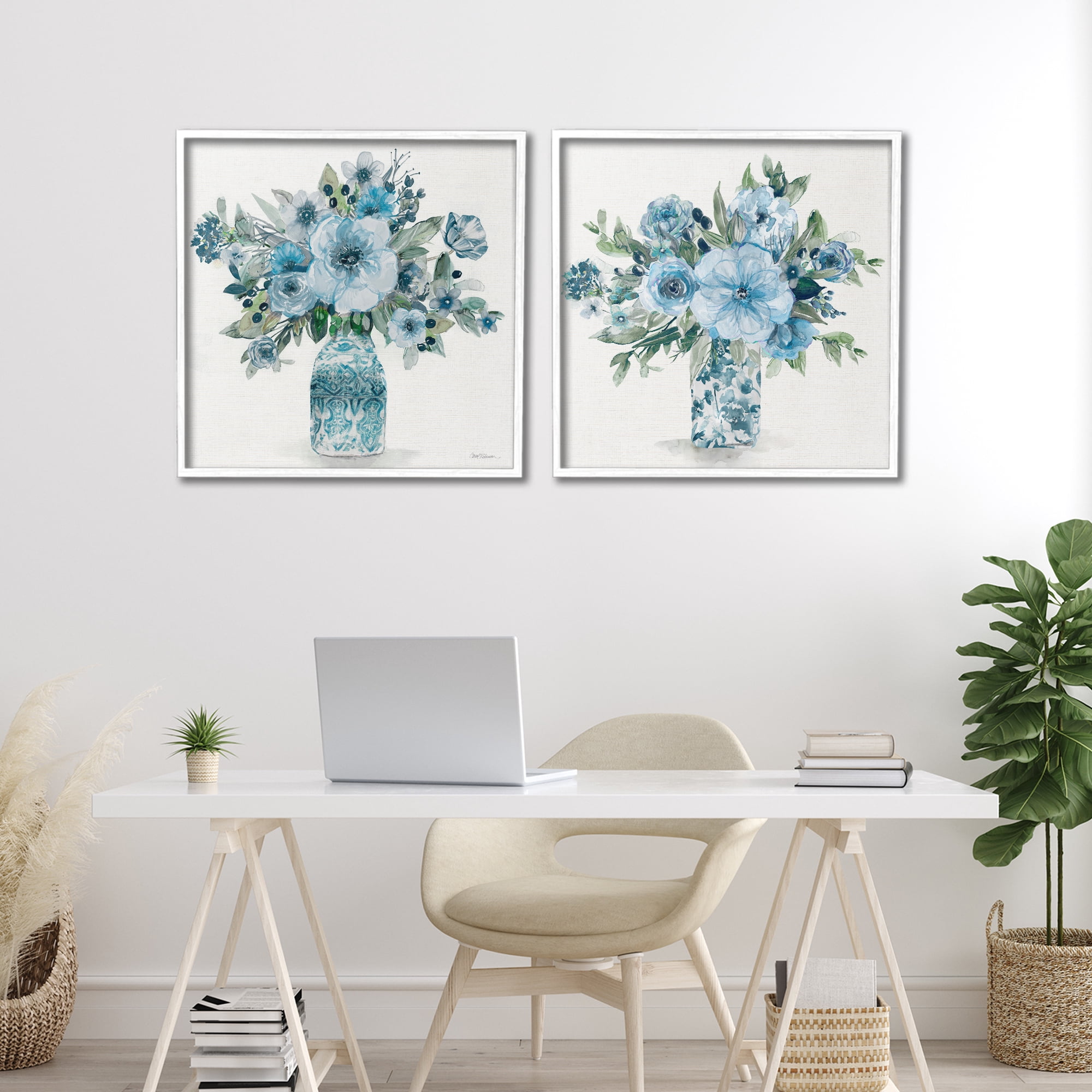 Stupell Industries Pastel Blue Floral Vase Arrangements 2 Piece White Framed Giclee Art Set, design by Carol Robinson