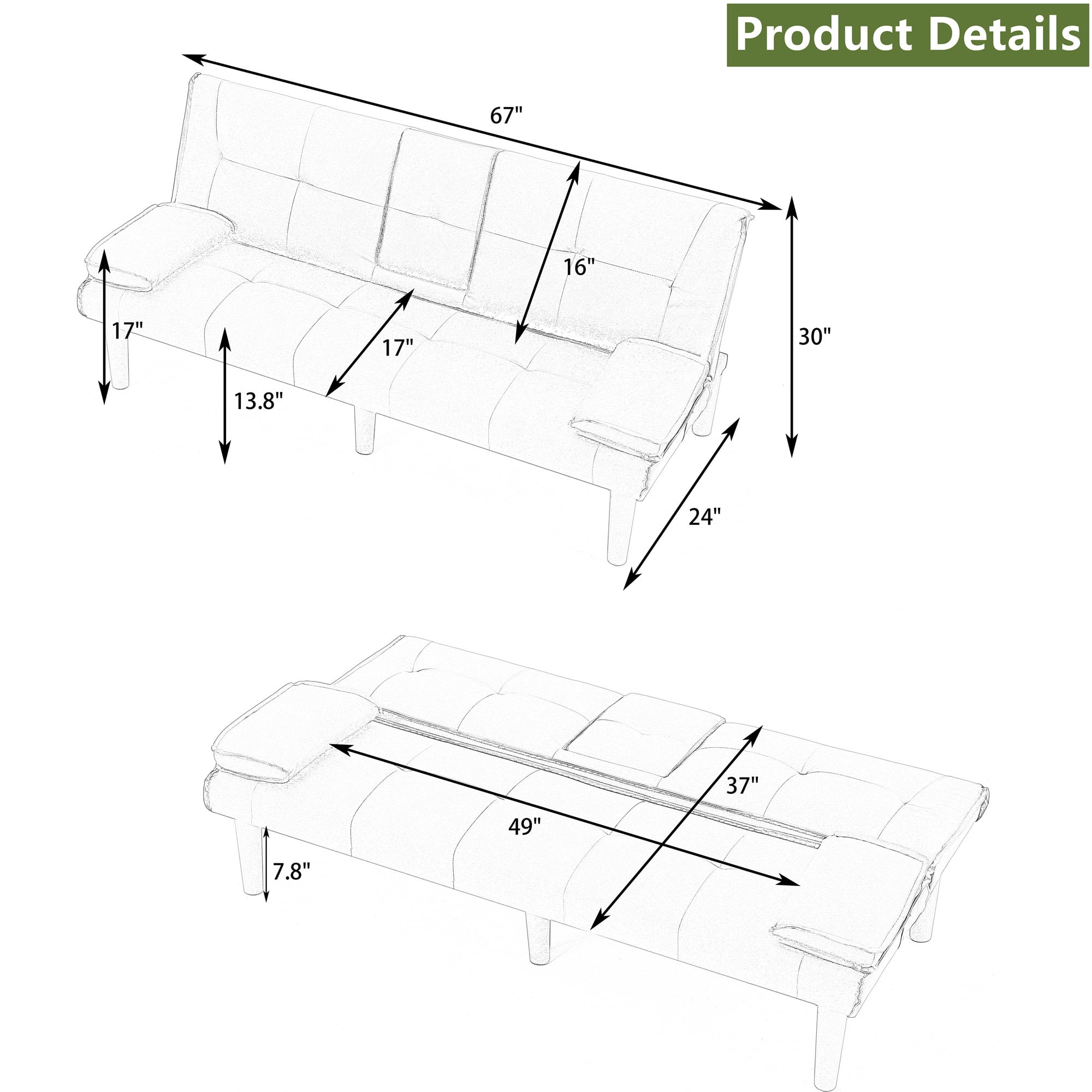Aukfa Leather Futon Convertible Sofa Bed for Home Office, 2 Cup Holders&Pillows, Green