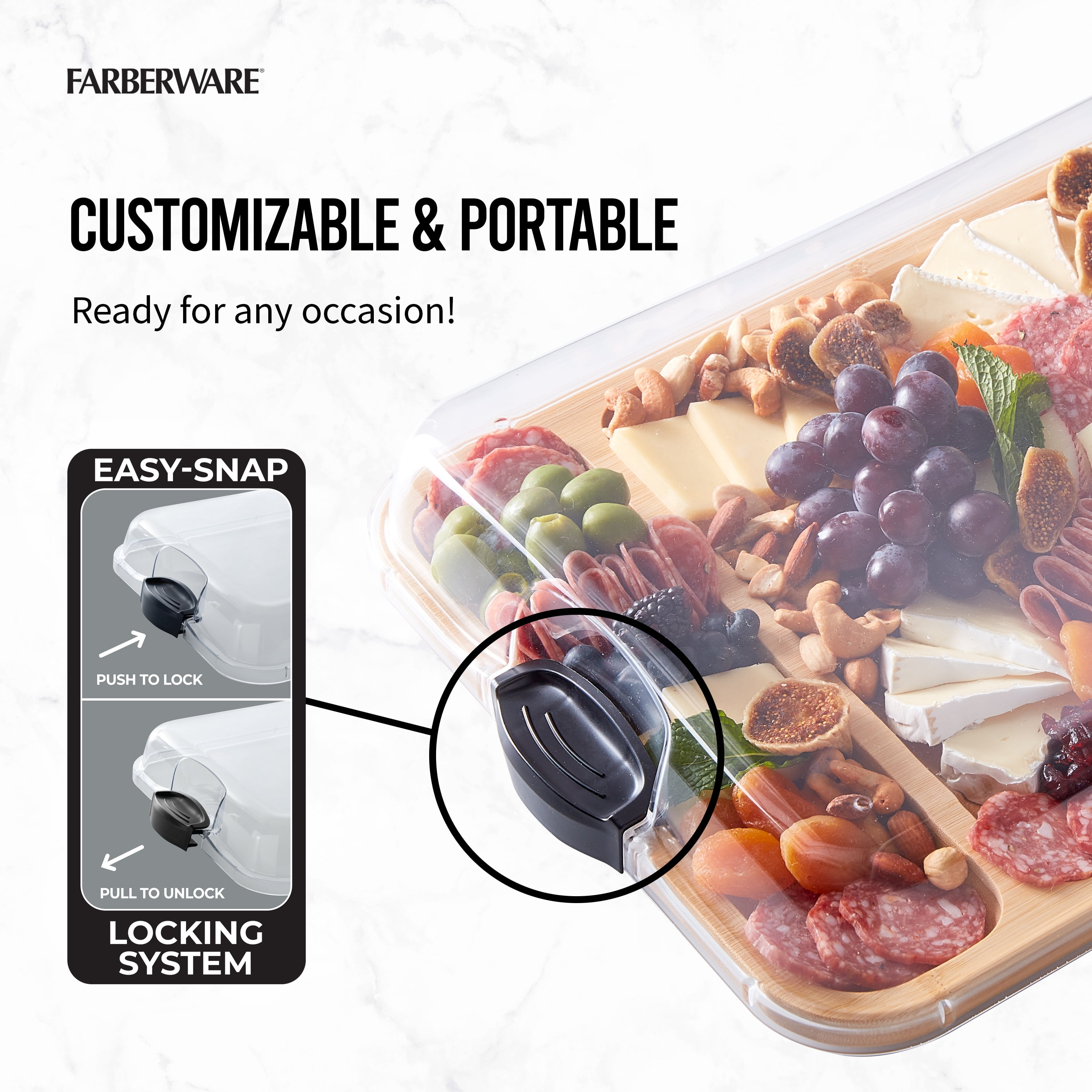 Farberware Build-a-Board 12x16-Inch Bamboo Charcuterie and Snack Board with 3 Compartments and Clear Locking Lid