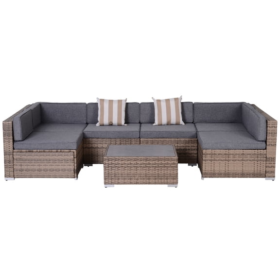 Rattan Patio Furniture Set 7-Piece Outdoor Wicker Sofa Gray with Cushions