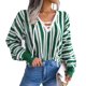 thumbnail image 1 of Suéter de punto con cuello en V para mujer, informal, elegante, manga abombada, color block, a rayas, Tops de punto, 1 of 7
