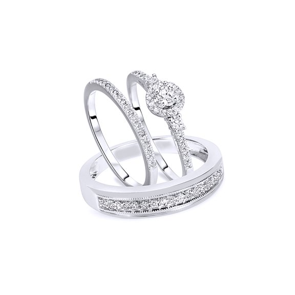 White Natural Diamond Wedding & Engagement Trio Band Ring Set In 10k White Gold (0.5 Cttw)
