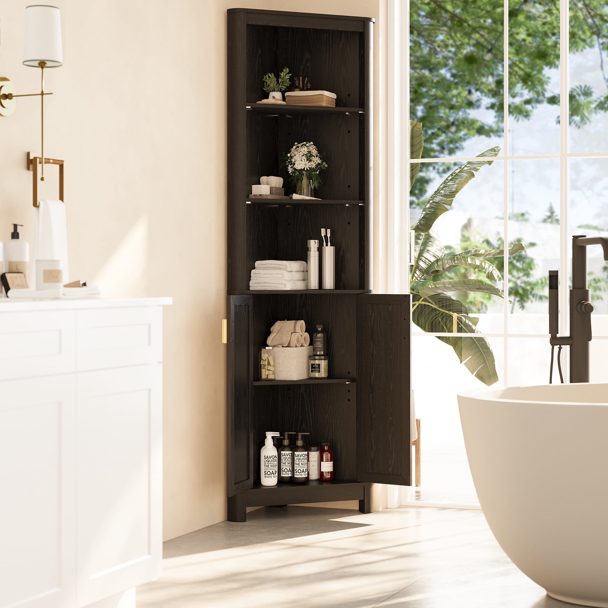 68" Tall Fluted Corner Cabinet for Bathroom, Modern Living Room & Kitchen - 5 Adjustable Shelves, Space-Saving Black Storage, Curved Profile Design