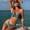 Blue, variant on Women Shiny Satin Nylon Halter Tie Bikini Set, Irregular Metal Ring Detail Side Tie High Cut Two Piece Solid Beach Swimsuit