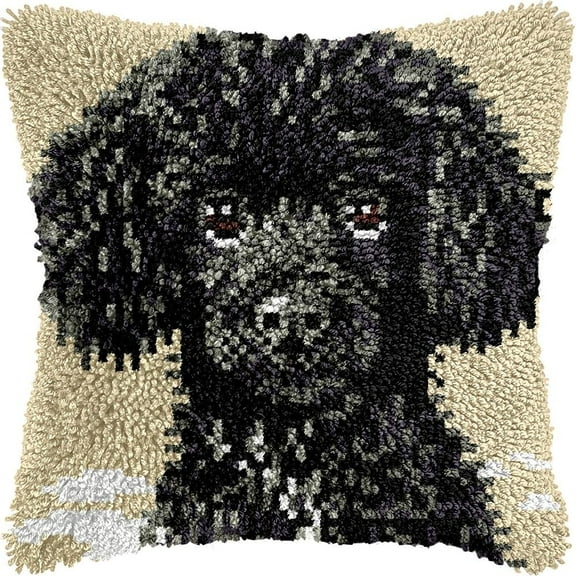 Black Poodle Latch Hook Pillow Kits DIY Pillowcase Cushion Cover Crochet Hooking Pillow Making Kits with Color Pattern Canvas Crochet Hooking Kits Pillow 43x43cm(Z17)