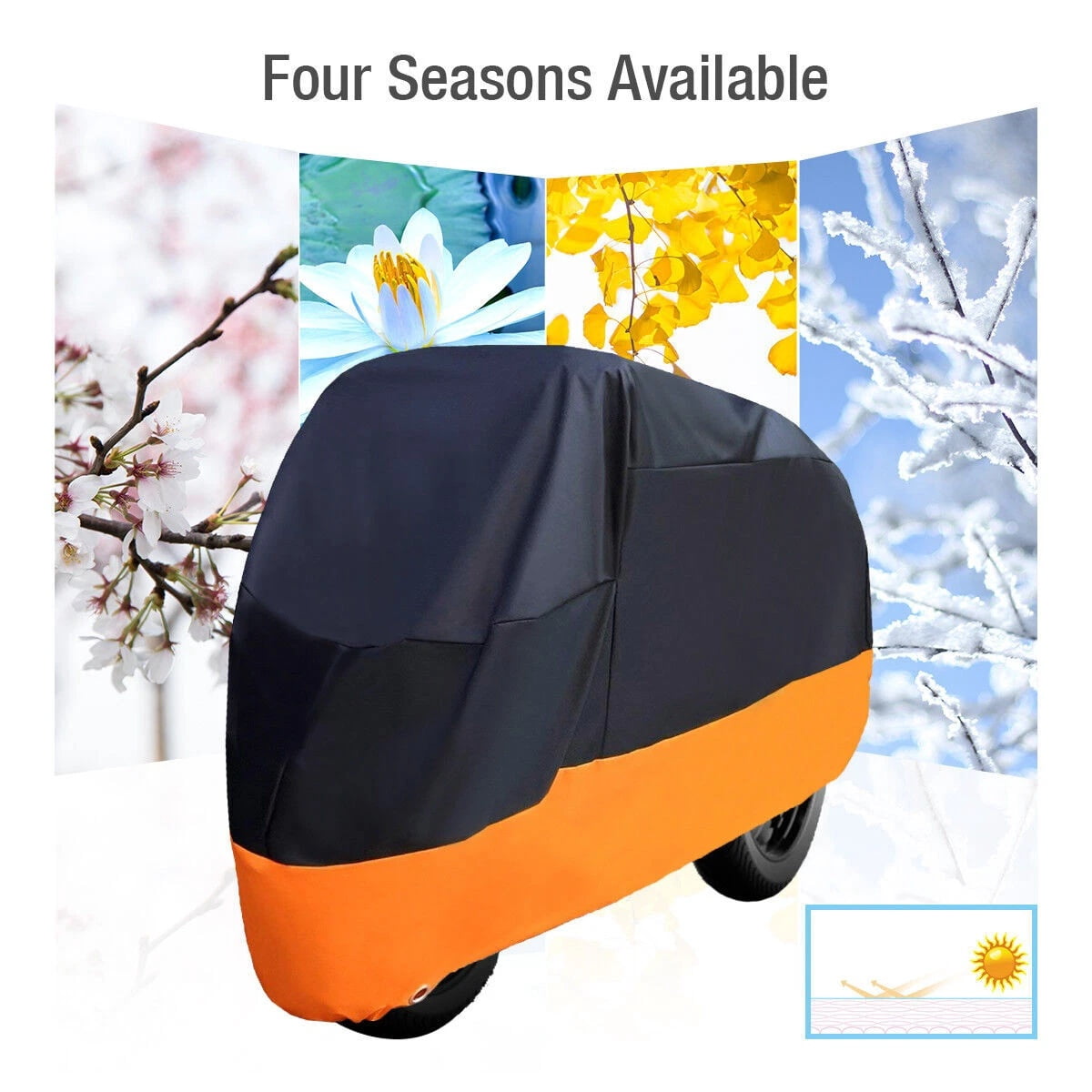 Heavy Duty Motorcycle Cover Universal Waterproof, Windproof Motorbike Cover with Lock Holes and Storage Bag, Fits up to 104" (Black-Orange)