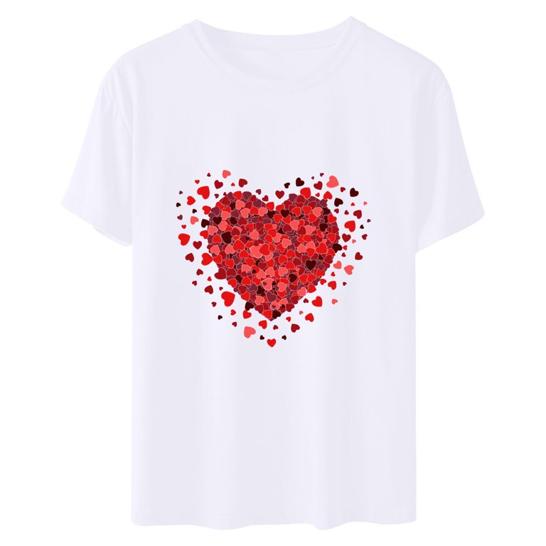 Love Valentines Day Shirt For Women - Heart Graphic Short Sleeve Crewneck T-Shirt, Soft Cotton Blend, White