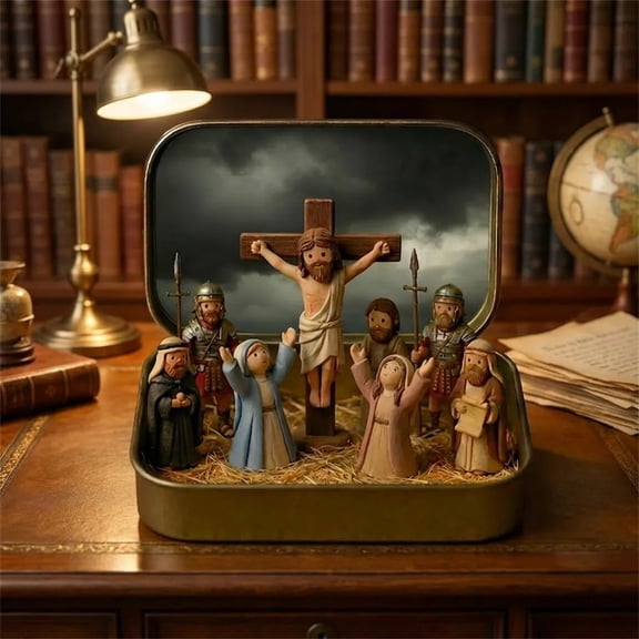 Easter Clearance! Mini Easter Nativity Set in Tin Box Portable Holy Figurines Jesus with Cross Religious Easter Decor Travel Ornament Easter Gifts for Ki*ds Women Men, Under 5 Dollars!