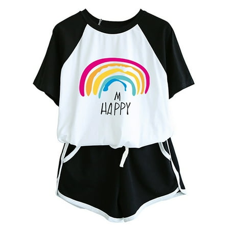 

2 Pieces Outfits for Women Summer Casual Cute Print Crewneck Short Sleeve Tops and Drawstring Shorts Set Pajamas