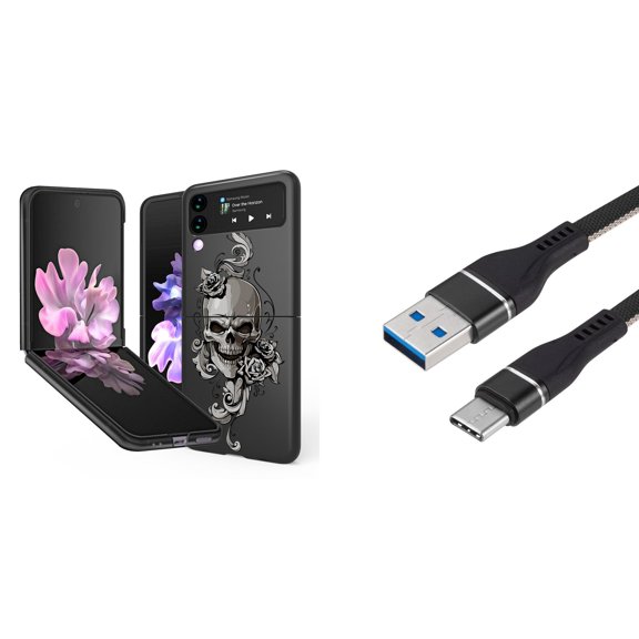 Bemz Premium Bundle for Samsung Galaxy Z Flip 3 5G: Slim Snap-On Protector Case (Skull Flowers), Nylon Braided USB-C to USB-A Cable (3 Feet)