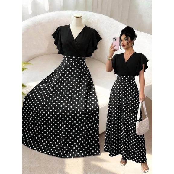 Black And White Polka Dot Wrap Cap Sleeve Maxi Dress For Women Spring Summer