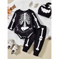 thumbnail image 3 of Cjfdfy Newborn Baby Boy Halloween Outfit Infant Baby Boys Fall Winter Clothes 0 3 6 12 18 Months Skeleton Print Long Sleeve Rompers and Long Pants Hat Set, 3 of 9