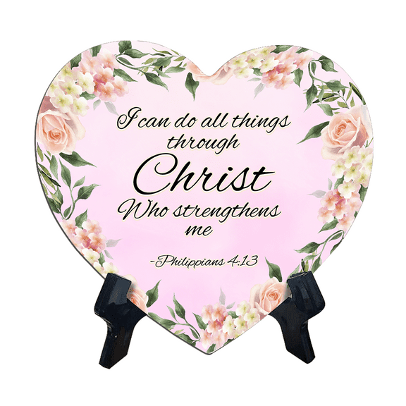 I can do all things through Christ who strengthens me - Philippians 4:13 Heart Table Sign (6 x 5") with Acrylic Stand | Church or Christian Home Bible Verse Decoration
