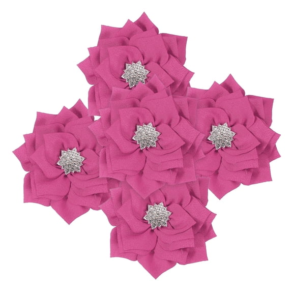 Uxcell 3 Inch Rhinestone Pearl Chiffon Flower, 5 Pcs Sewing Fabric Appliques for DIY Craft Clothing Headbands Wedding Party Decoration, RoseRed
