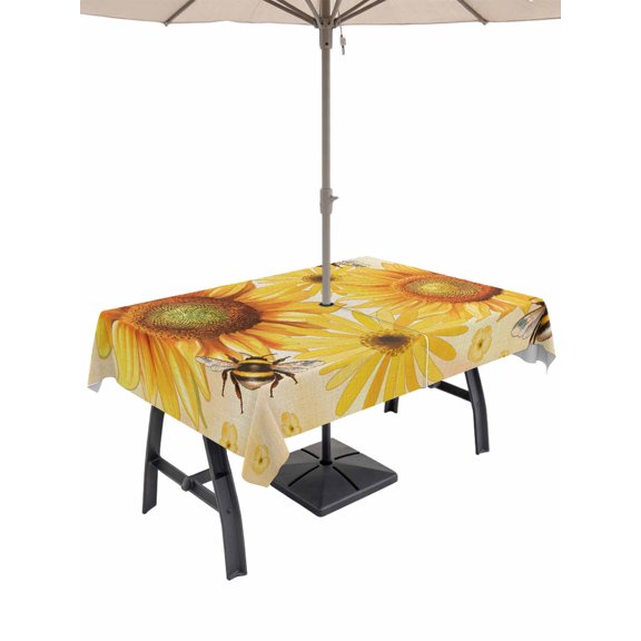 Outdoor Tablecloth with Umbrella Hole for Patio/Picnic/Party/Camping, Sunflower Waterproof Table Cloth Rectangle Table Cover Washable, Yellow Floral Elegant Pastoral Flowers Rustic (52"x 70")