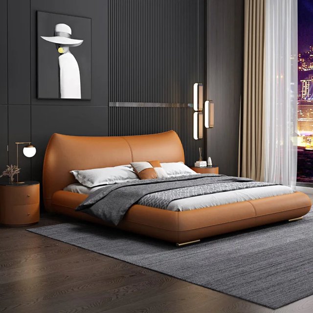 Italian extremely simple leather bed wedding bed master bedroom big bed modern simple light luxury leather double bed My Lux Decor Round