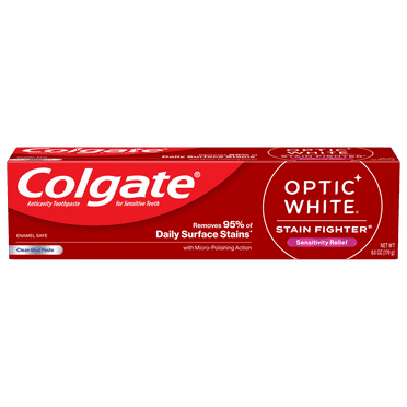 Colgate Optic White Stain Fighter Sensitivity Relief Whitening Toothpaste, Clean Mint, 6 oz Tube