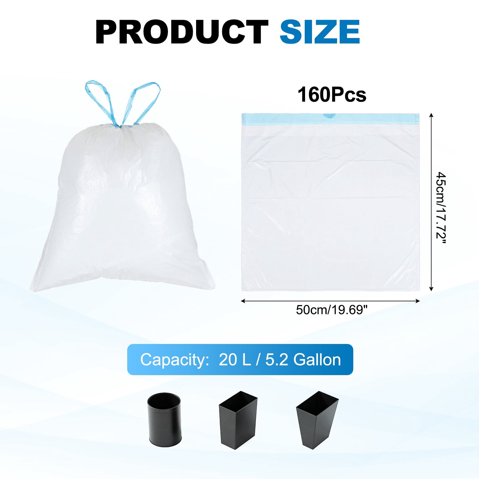 Uxcell 160 Count Trash Bags with Drawstring, 5.2 Gallon 20" Garbage Bags Unscented Tear-Free Design for Home Office Kitchen, White