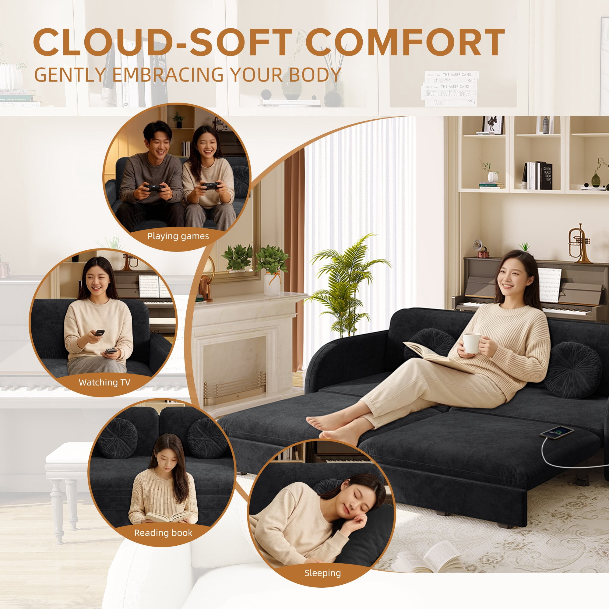 LLappuil Queen Size Pull Out Sofa Bed, Compact Loveseat Sofa Covertible Sofa Bed with USB Port, Side Pocket , Chenille Sofa Couch for Living Room Black