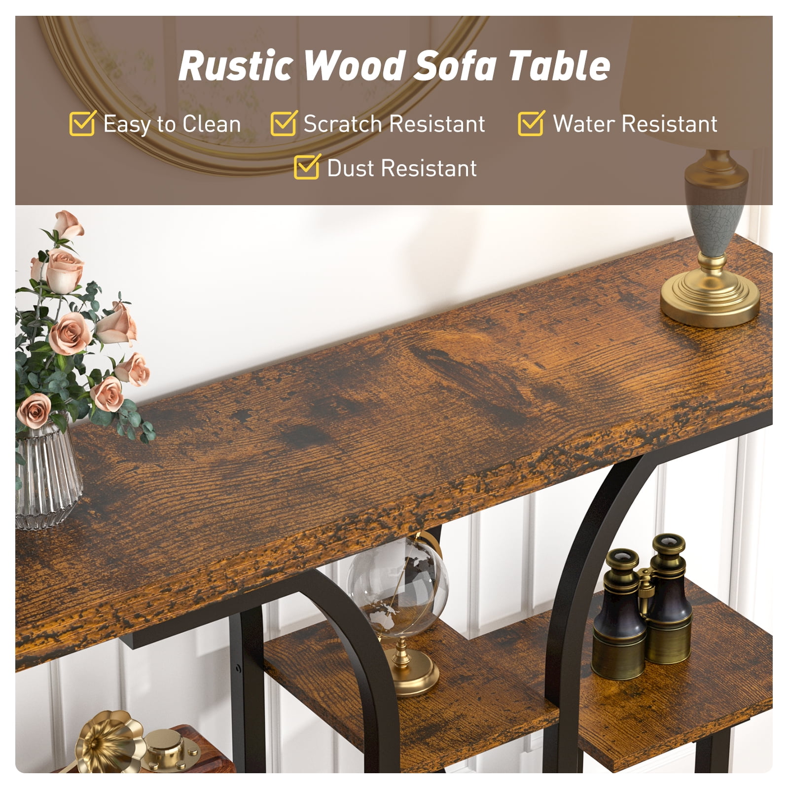 Industrial Chic 5-Tier Console Table, 42.5" Entryway Table with Storage Shelf, Rustic Brown